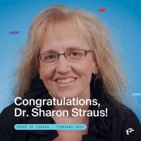 Dr. Sharon Straus smiles against blue background. Text over image reads: "Congratulations, Dr. Sharon Straus! Order of Canada - February 2024"