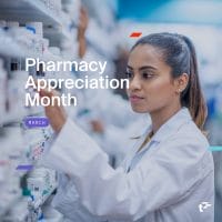 Young pharmacy staff member selecting medication on shelf. Text on image reads: "Pharmacy Appreciation Month, March"