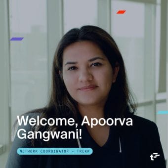 Headshot of Apoorva. Text reads: "Welcome, Apoorva Gangwani! Network Coordinator - TREKK."