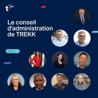 Les portraits de le conseil d'administration de TREKK sur fond bleu marine. Le texte se lit comme suit : "Le conseil d'administration de TREKK. Merci !"