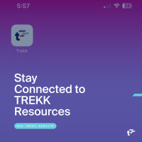 TREKK icon on a purple gradient background. Text reads: "Stay connected to TREKK resources. New TREKK website."