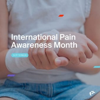 Closeup of pediatric patient holding their bandaged wrist. Text reads: "International Pain Awareness Month. September."