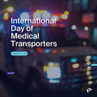 Blurred image of ambulance in the background. Text reads: "International day of medical transporters. August 20."