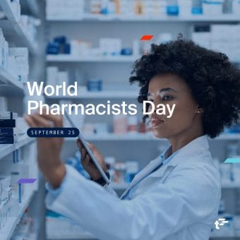 Pharmacy staff member holds tablet and selects medication from shelf. Text reads: "World Pharmacists Day. September 25."