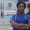 Nurse stands in hospital room. Text reads: "Emergency Nurses Day. October 11th."